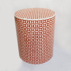 Maaya Bone Inlay Round Drum Side Table Red Geometric