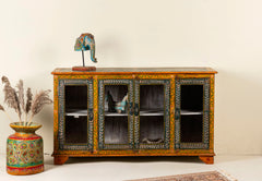 Pandora Indian Floral Hand Painted Solid Wood Glass Door Sideboard