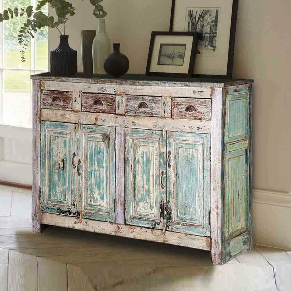 Reclaimed Timber Sideboard Rustic whitewash 160cm