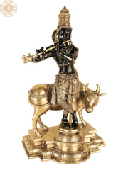 Indian Lord Krishna Playing Flute With His Cow Brass Statue