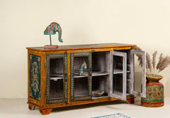 Pandora Indian Floral Hand Painted Solid Wood Glass Door Sideboard