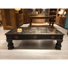 Indian Antique Brass Work Solid Wood Coffee Table C39