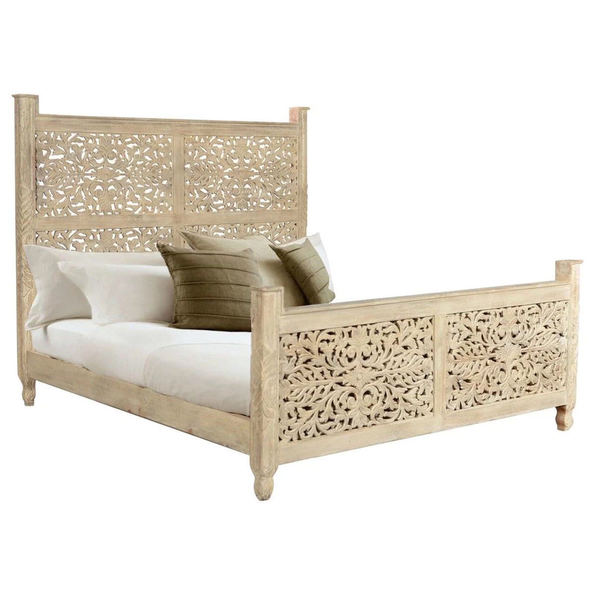 Dynasty Hand Carved Indian Solid Wooden Emily Bed Frame White