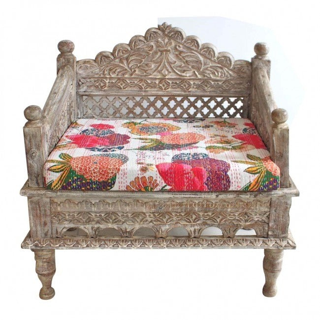 Mughal Garden Hand Carved Indian Single Chair Low Seat