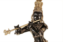 Indian Lord Krishna Playing Flute With His Cow Brass Statue