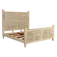 Dynasty Hand Carved Indian Solid Wooden Emily Bed Frame White