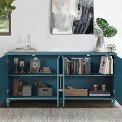Indian Handmade Solid Wood Carved 4 Doors Sideboard Navy Blue