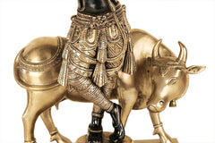 Indian Lord Krishna Playing Flute With His Cow Brass Statue
