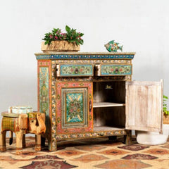 Hand Painted Solid Wood Cabinet In Multicolour