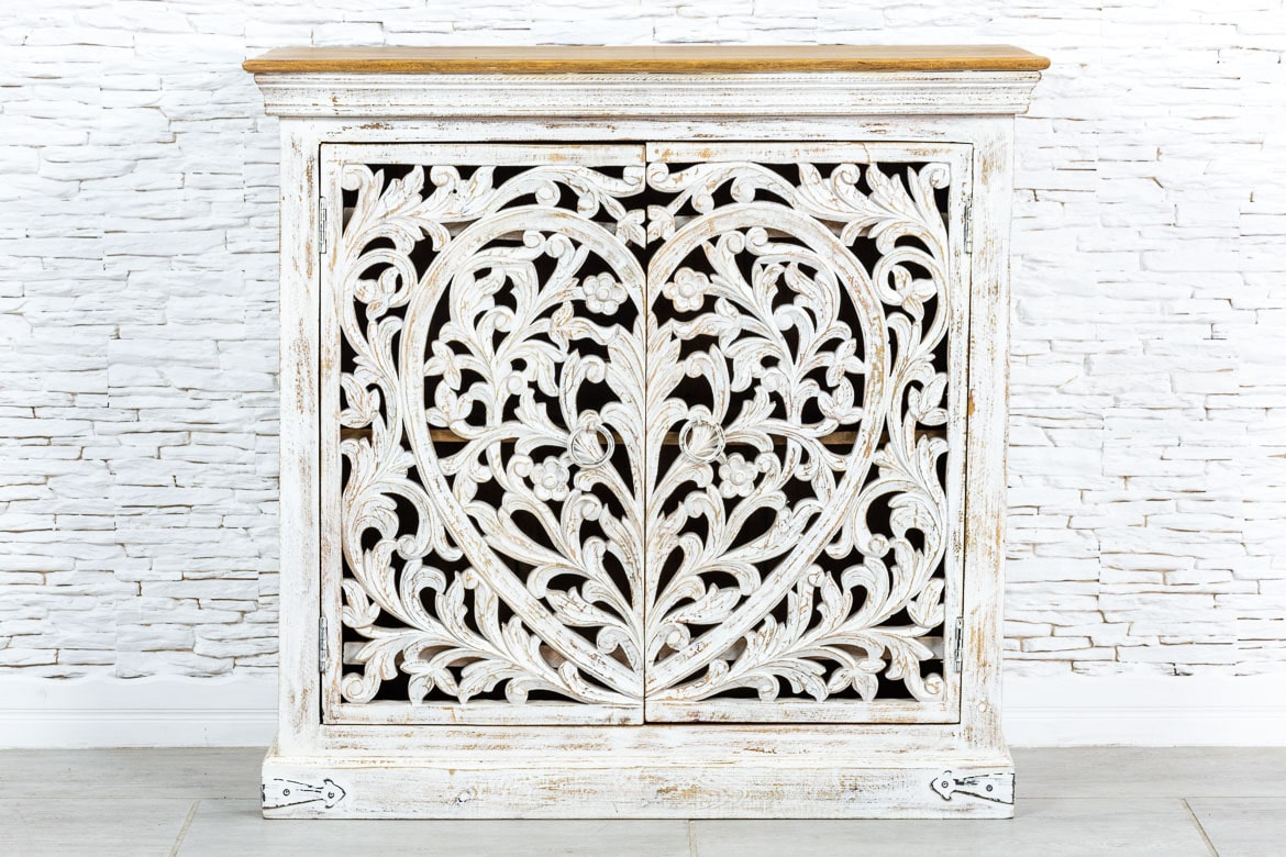 Antique Indian Jali Hand Carved Solid Wooden Sideboard White 97x40x94cm A092