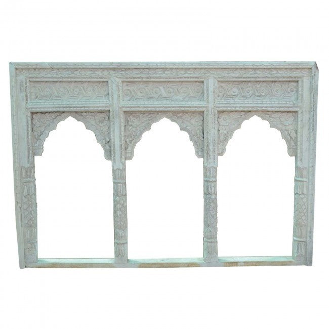 Mehrab Indian Hand Carved Mirror Arched Jharokha Wooden Wall Decor 162x11x110cm White  -  