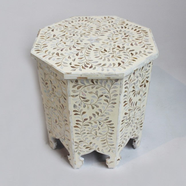 Maaya Bone Inlay Round Side Table White Floral