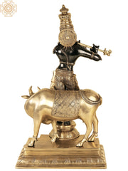 Indian Lord Krishna Playing Flute With His Cow Brass Statue