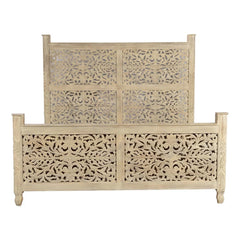 Dynasty Hand Carved Indian Solid Wooden Emily Bed Frame White