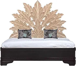 Hand Carved Big Palm Leaf King Size Bed Headboard Bed Head Whitewash