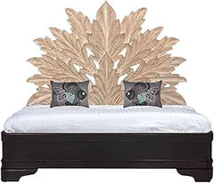 Hand Carved Big Palm Leaf King Size Bed Headboard Bed Head Whitewash