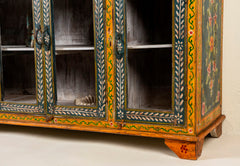 Pandora Indian Floral Hand Painted Solid Wood Glass Door Sideboard