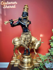 Indian Lord Krishna Playing Flute With His Cow Brass Statue