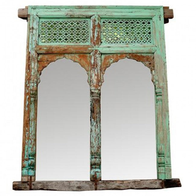 Mehrab Indian Hand Carved Arch Mirror Arched Wooden Wall Decor 160x200cm Green  -  