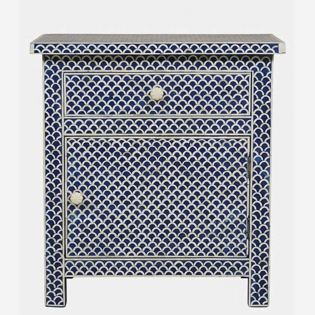 Maaya Bone Inlay White Bedside Cabinet Table Blue Floral