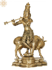 Indian Lord Krishna Playing Flute With His Cow Brass Statue