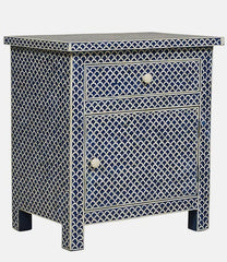 Maaya Bone Inlay White Bedside Cabinet Table Blue Floral