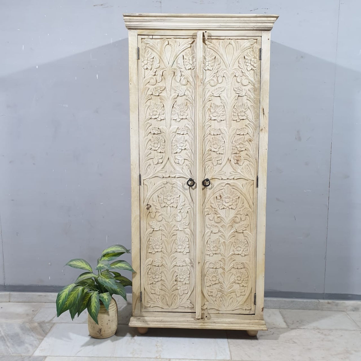 Antique Indian Hand Carved Solid Wooden 2 Door Whitewash Cabinet 90x45x200cm