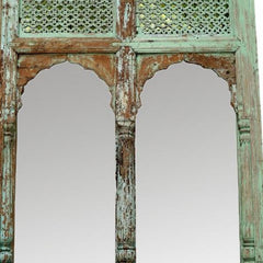 Mehrab Indian Hand Carved Arch Mirror Arched Wooden Wall Decor 160x200cm Green  -  