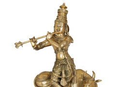 Indian Lord Krishna Playing Flute With His Cow Brass Statue