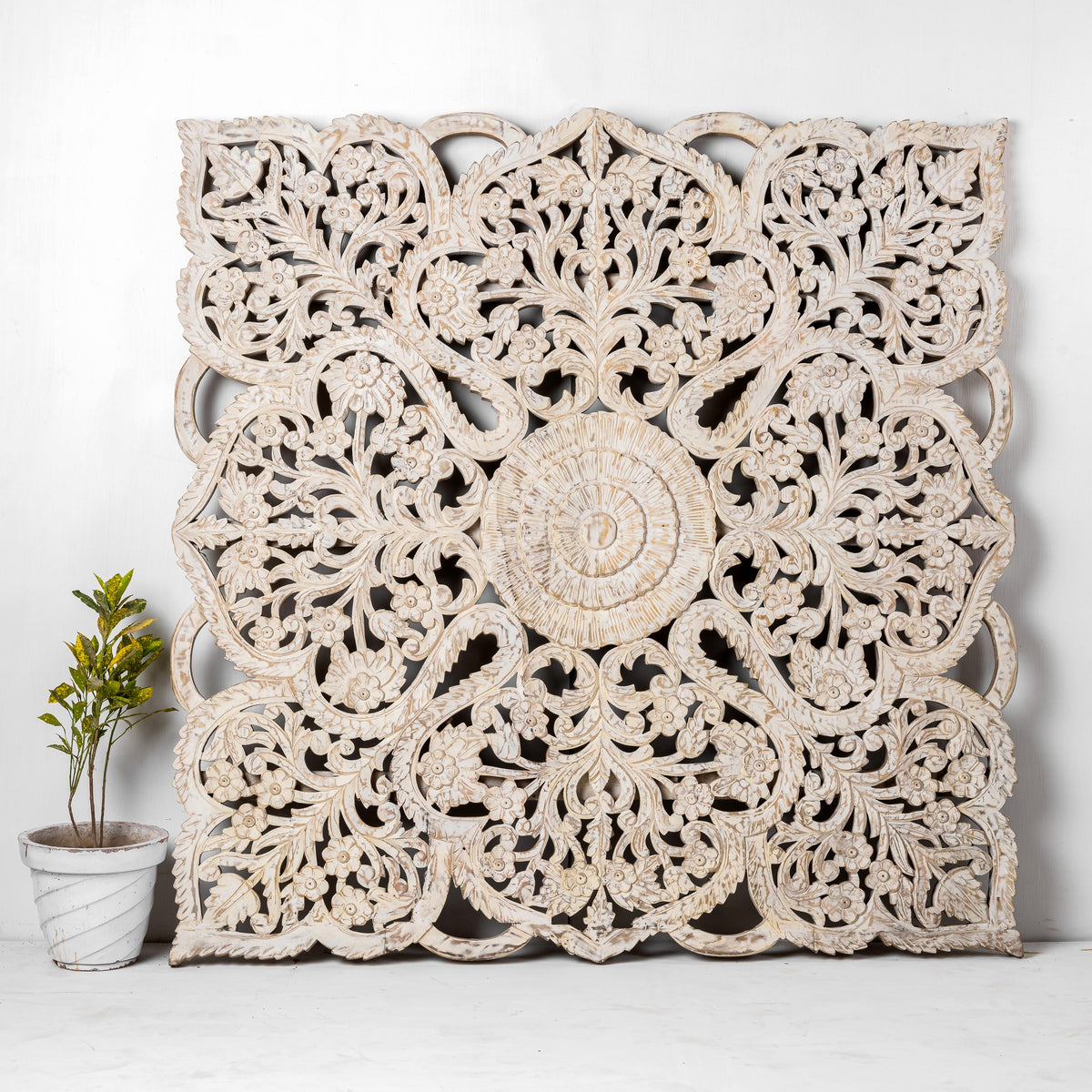 Indian Furniture Solid Hard Wood Mandala Carving Wall Panel in Rustic White