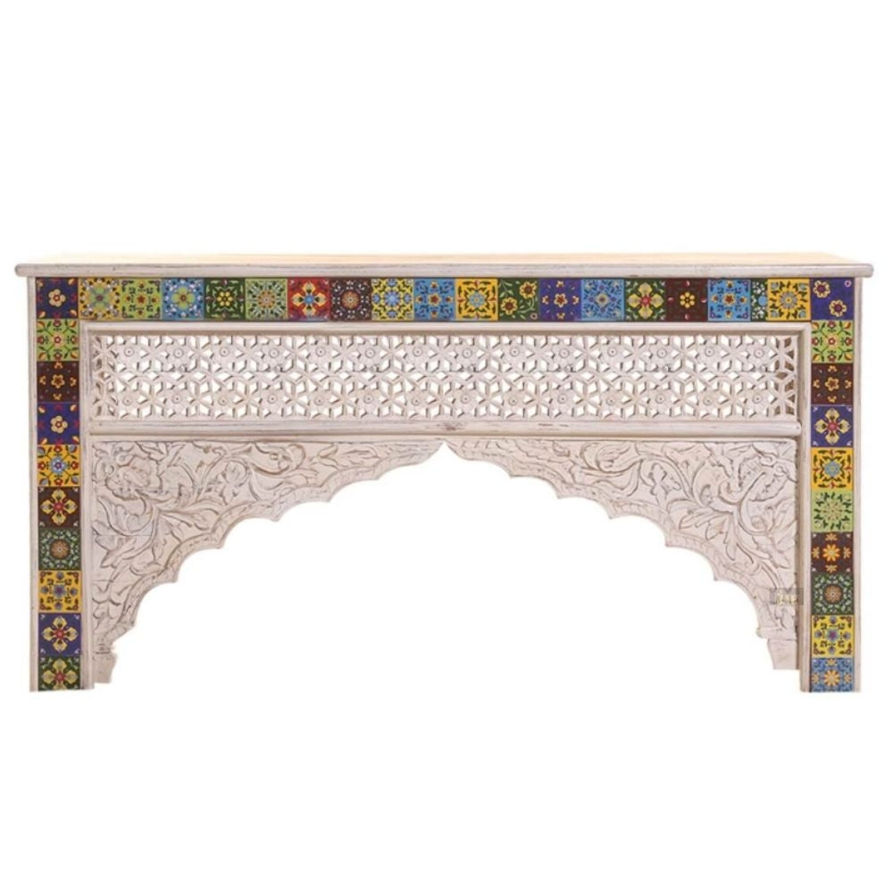 Mehrab Wooden Carved Entryway Console Table Cream