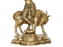 Indian Lord Krishna Playing Flute With His Cow Brass Statue