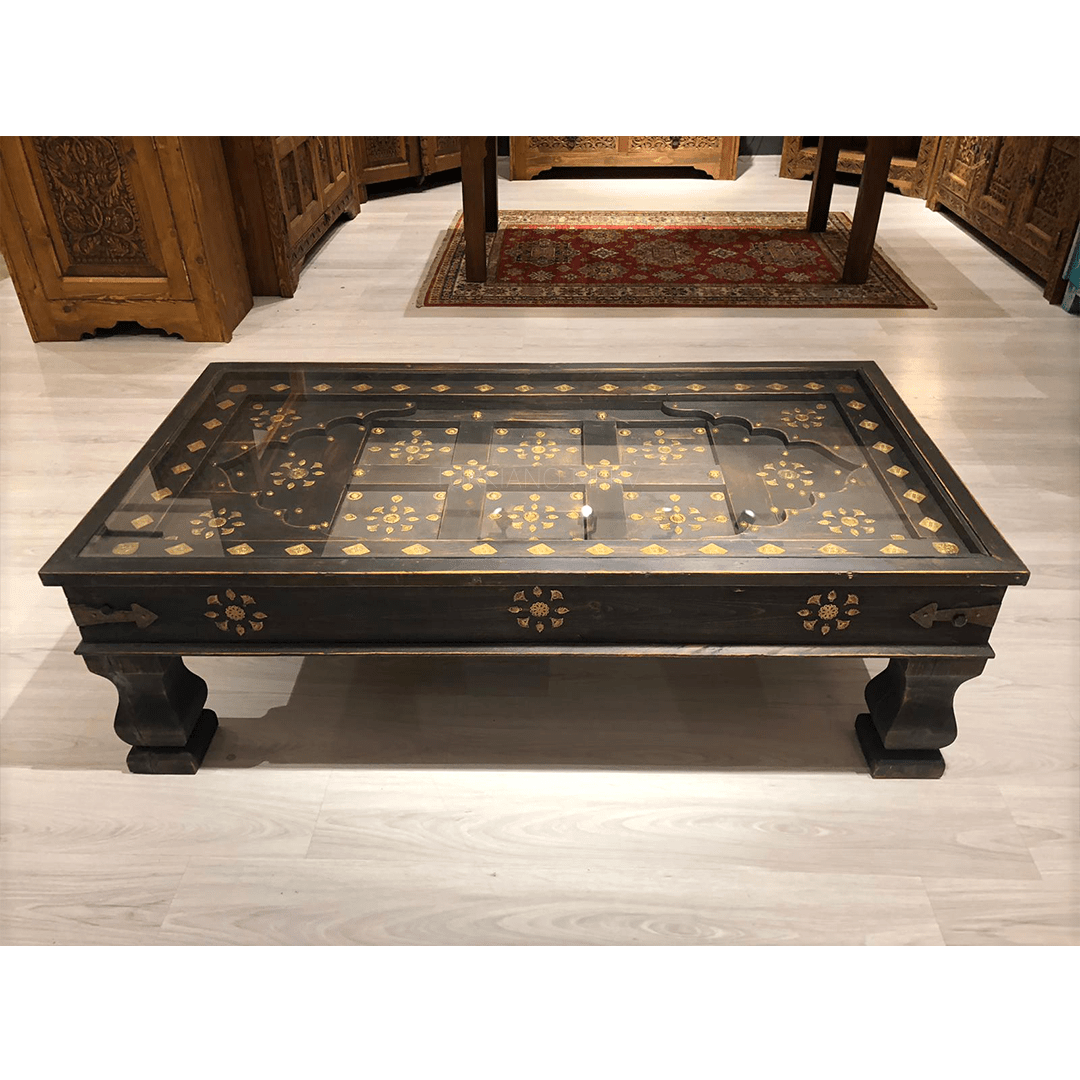 Indian Antique Brass Work Solid Wood Coffee Table C39
