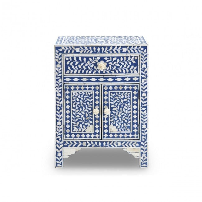 Maaya Bone Inlay White Bedside Cabinet Table Blue Floral