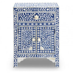 Maaya Bone Inlay White Bedside Cabinet Table Blue Floral