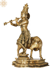 Indian Lord Krishna Playing Flute With His Cow Brass Statue