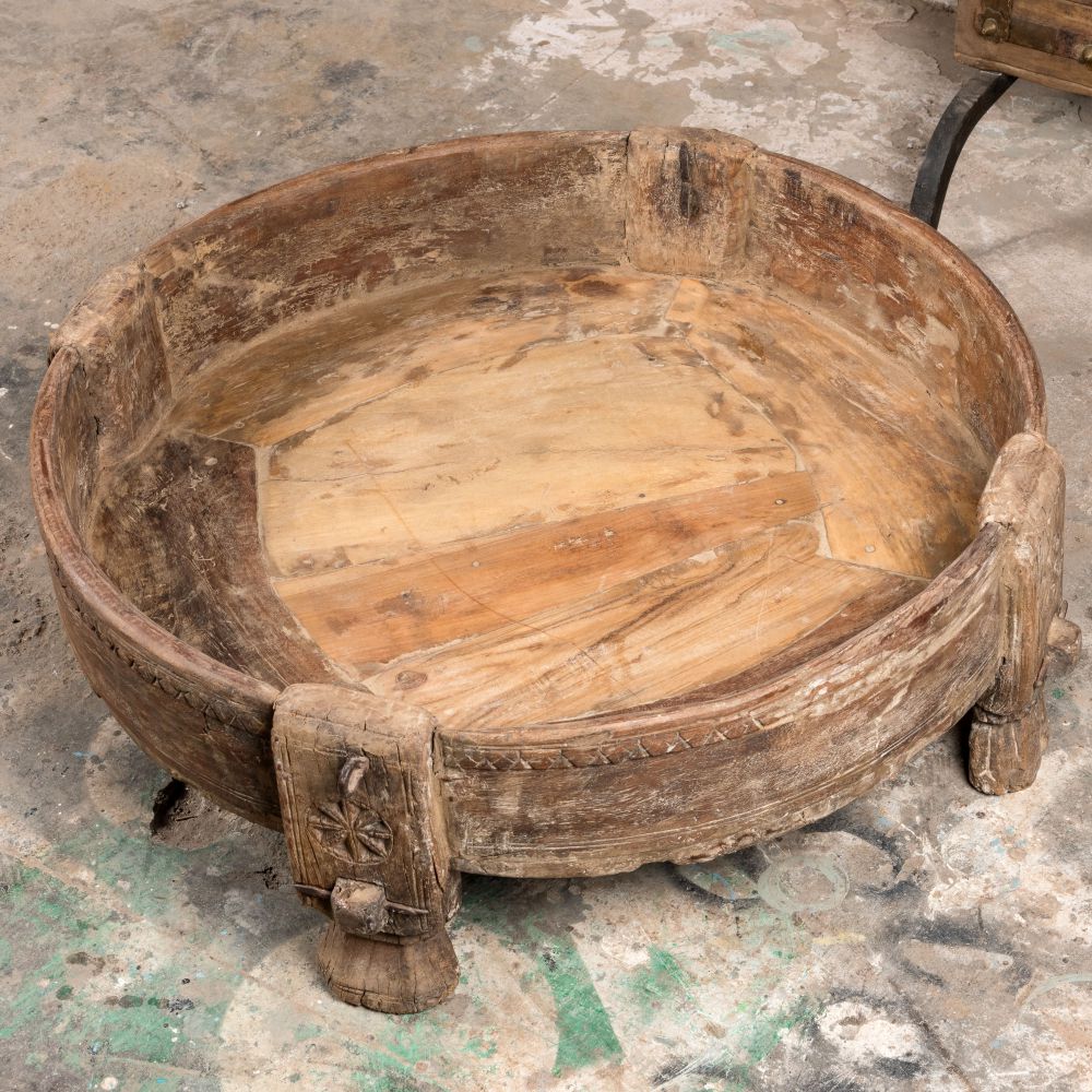 Vintage Solid Hard Wood Carved Round Grinder Table