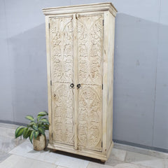 Antique Indian Hand Carved Solid Wooden 2 Door Whitewash Cabinet 90x45x200cm