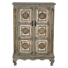 Indian Vintage Hand Carved Solid Wood With Brass Work Cabinet D122