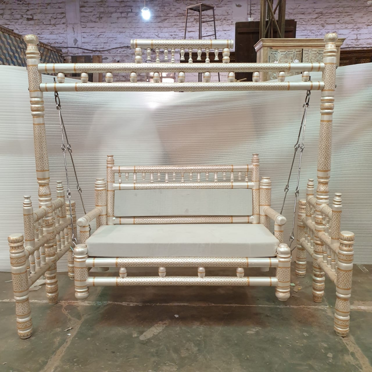 Antique Indian Hand Carved Pearl and Gold Painted Swing 120x60x85cm