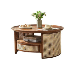 Rattan Elegance Series Solid Wood Round Shape With Rattan Cane Work Coffee Table C108