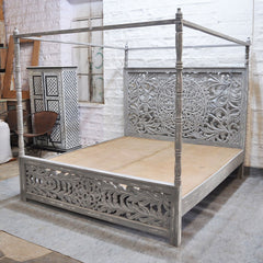 Dynasty Hand Carved Indian Wooden 4 Post Bed Frame Grey