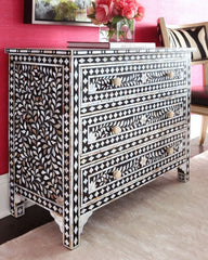 Maaya Bone inlay Black Floral Chest of 3 Drawers Dresser