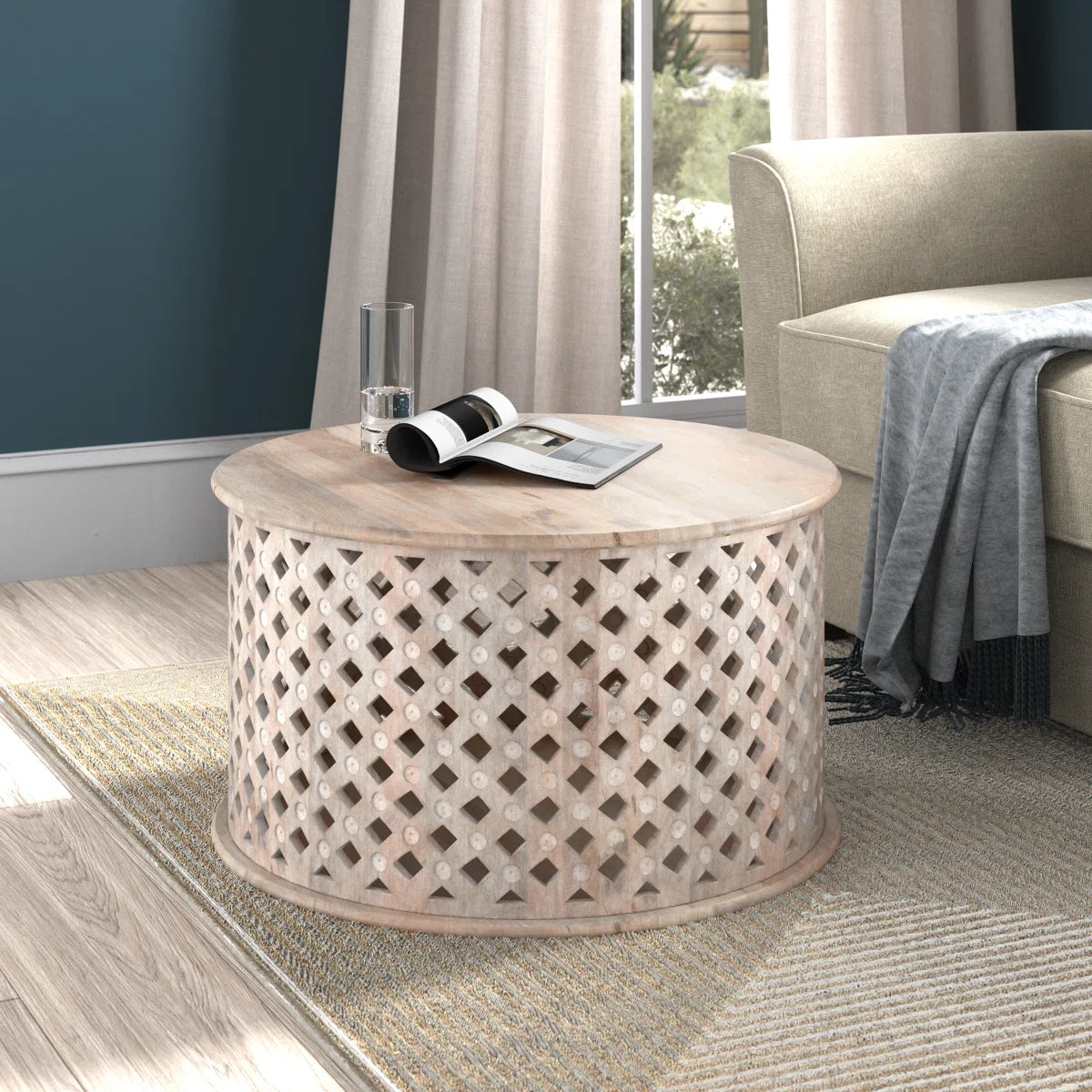 Bristol Carved Mango Wood Round Coffee Table Natural B1