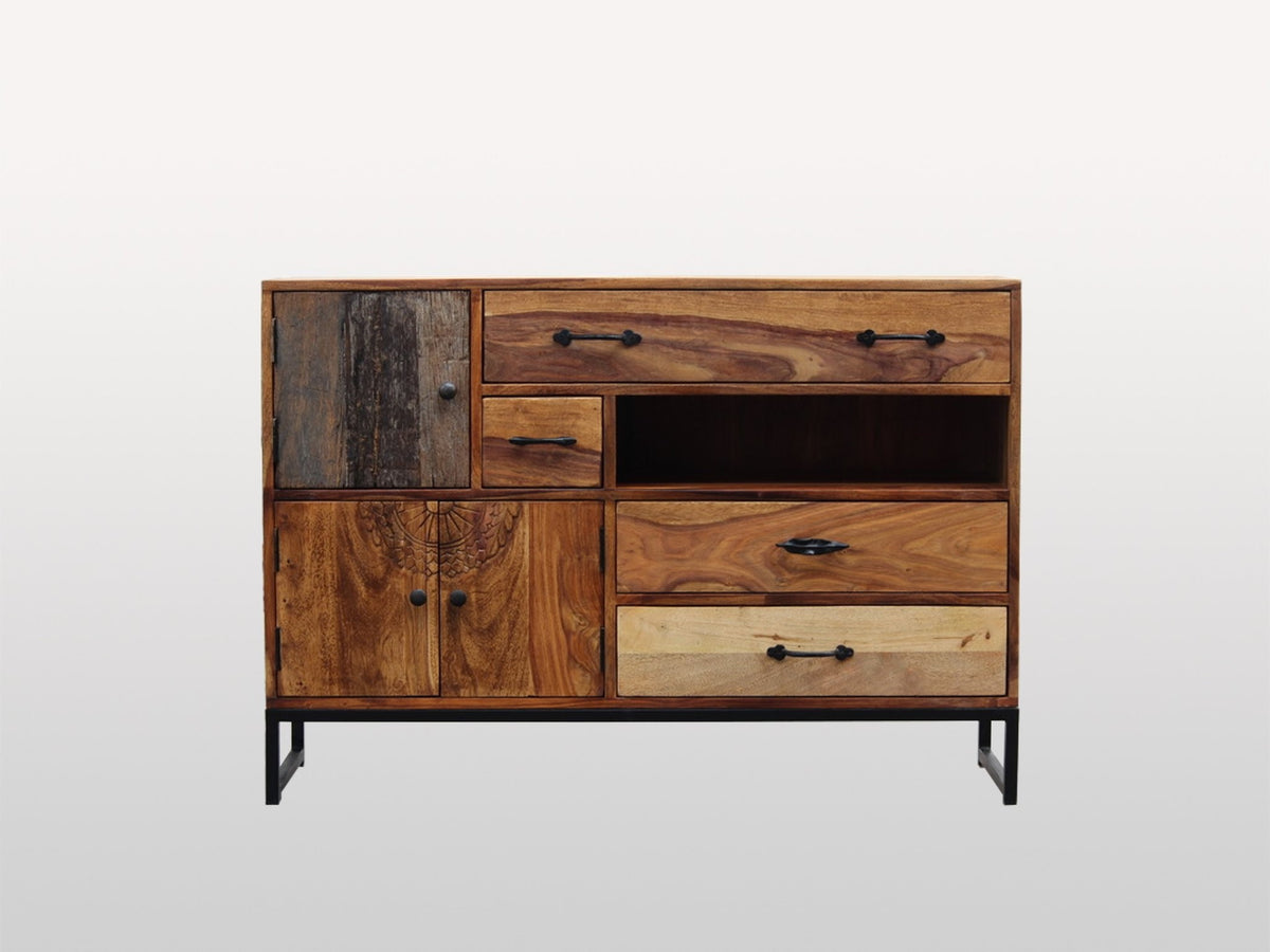 Lava Industrial Indian Solid Wood Buffet Sideboard With 3 Doors And 4 Drawer