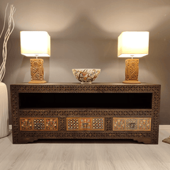 Indian Hand Carved Solid Wooden TV Unit 01