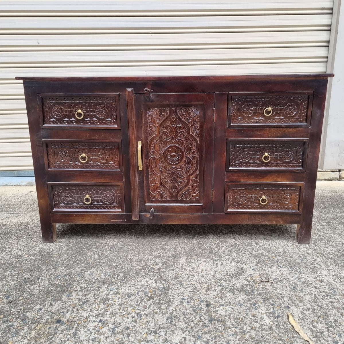 Indian Handmade Carved Wooden 1 Door & 6 Drawers Sideboard Brown 150x40x90Cm