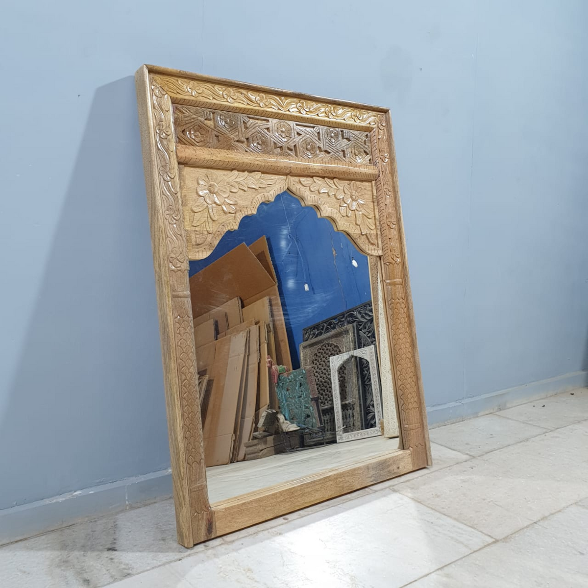 Indian Handmade Carved Solid Hard Wood Mehrab Style Mirror Frame 90x3x120Cm