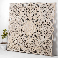 Indian Furniture Solid Hard Wood Mandala Carving Wall Panel in Rustic White