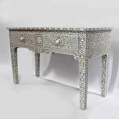 MAAYA Bone Inlay Wooden 2 Drawers Hall Side Table Grey Floral